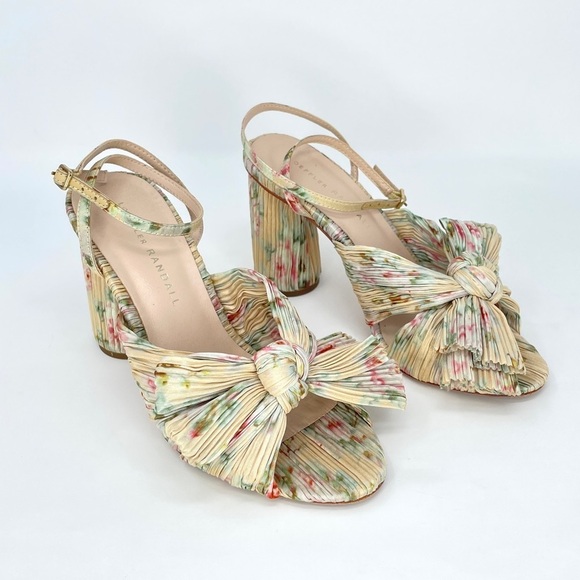 Loeffler Randall Camellia Pleated Bow Heels Ankle Strap Cream Floral 5.5 - Picture 5 of 13